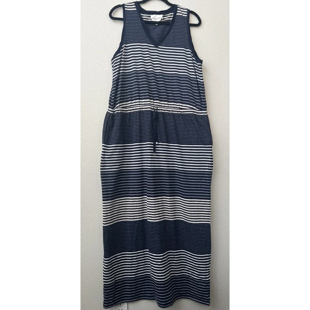 Two By Vince Camuto Navy White Striped Sleeveless Maxi Dress Large